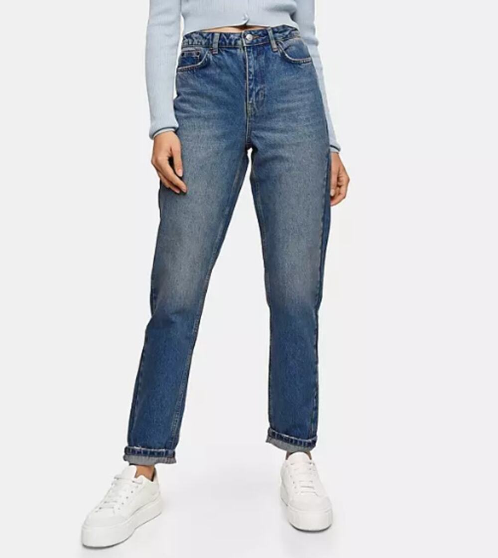TOPSHOP Lucas Jeans Mid-Rise Tapered Leg Stretch Denim Mid Wash Blue Size 26X30